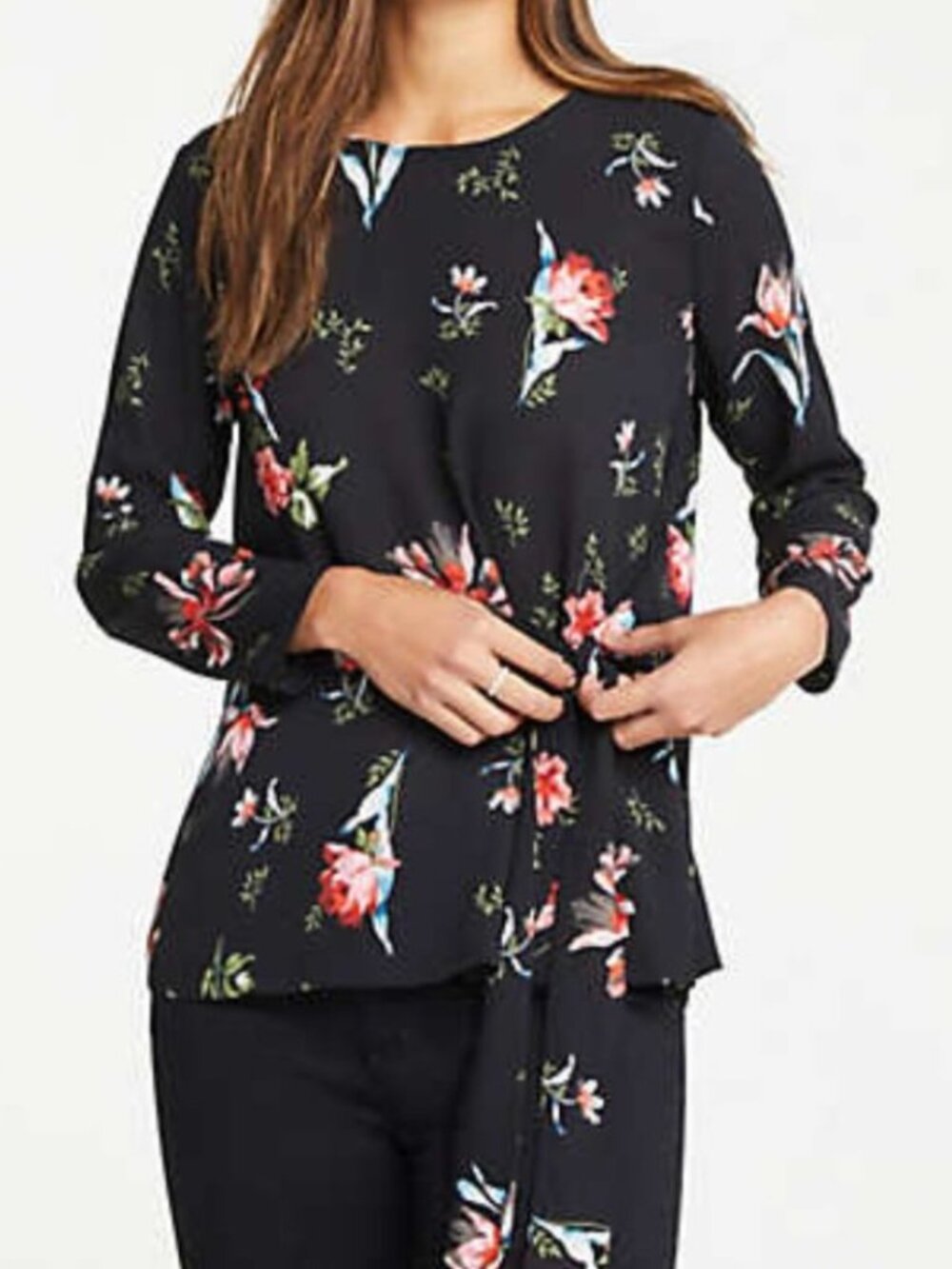 ANN TAYLOR Garden Floral Side Tie Mixed Media Top Black Red Pink 3/4 Sleeve Work